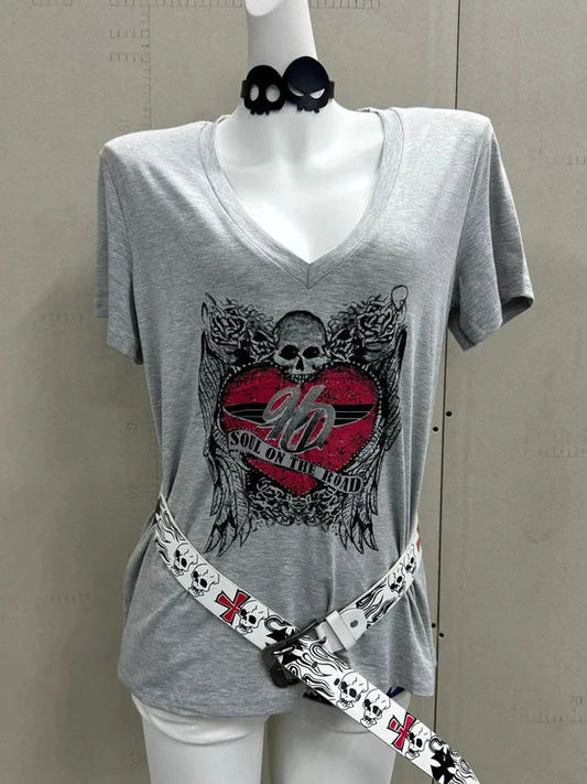 Gray Subculture Punk Y2K E-girl Vintage V-neck Skull Print Oversized Short Sleeve Top