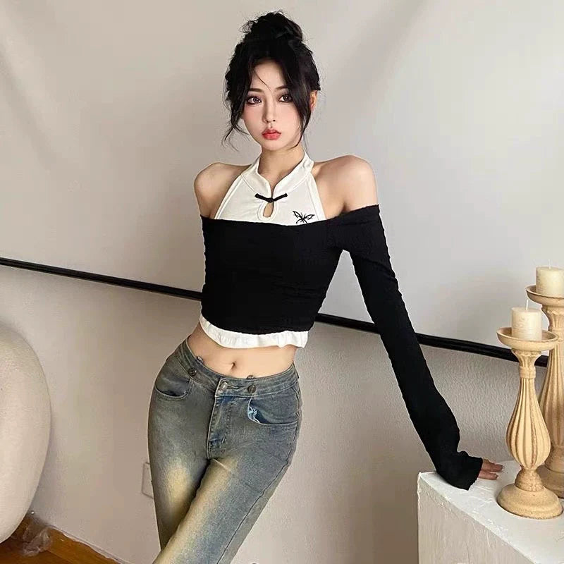 Two-Piece Subculture Y2K E-girl Retro Off-Shoulder Ruffle Niche Slim Short Top