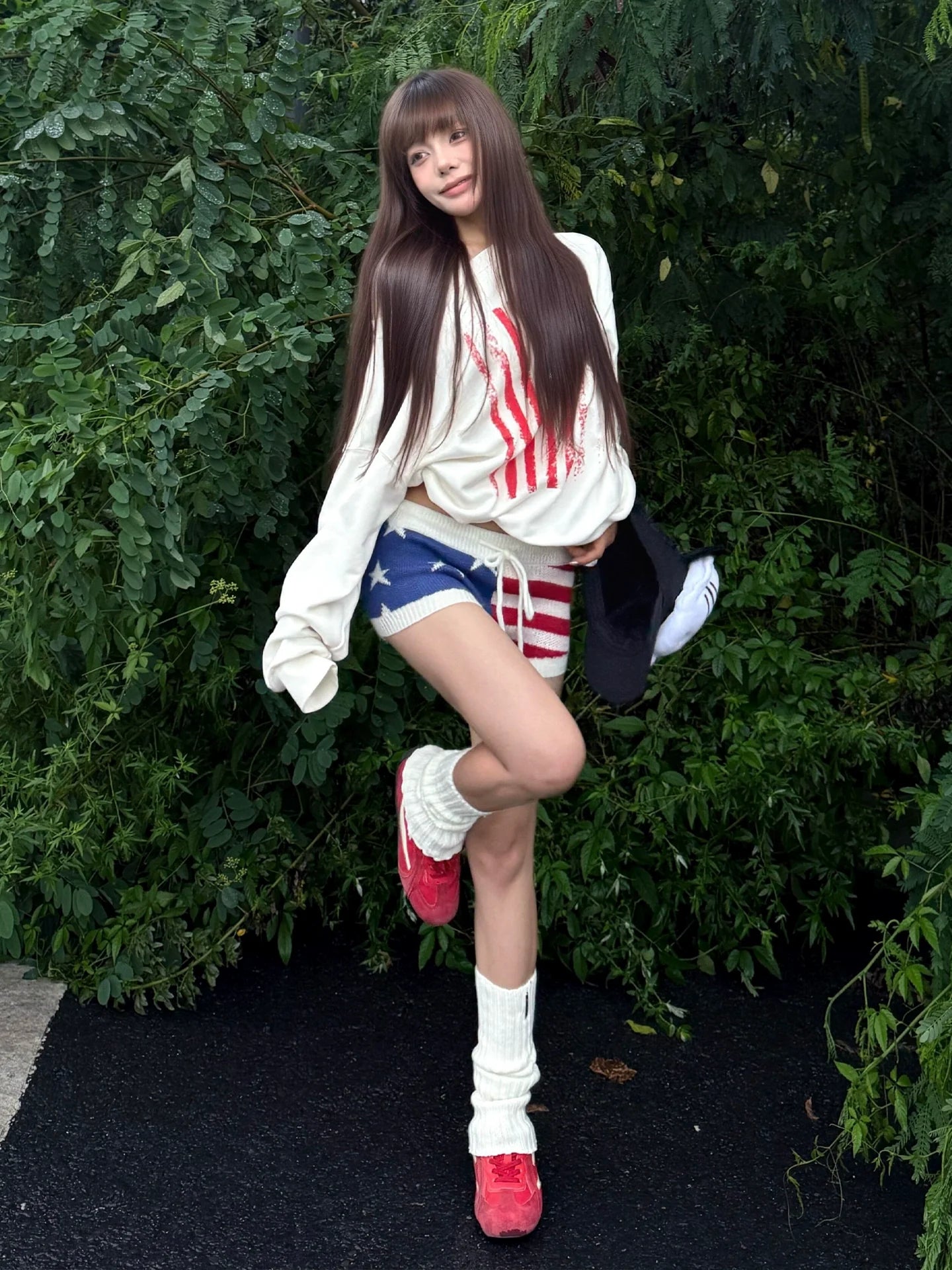 Retro White Asymmetric Shoulder Sweatshirt Flag Print Top