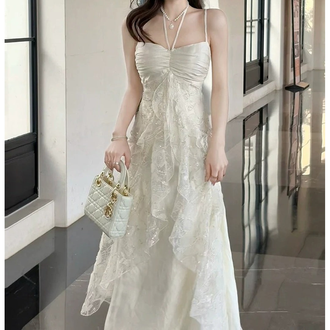 Romantic Satin Lace Spaghetti Strap Gown Dress
