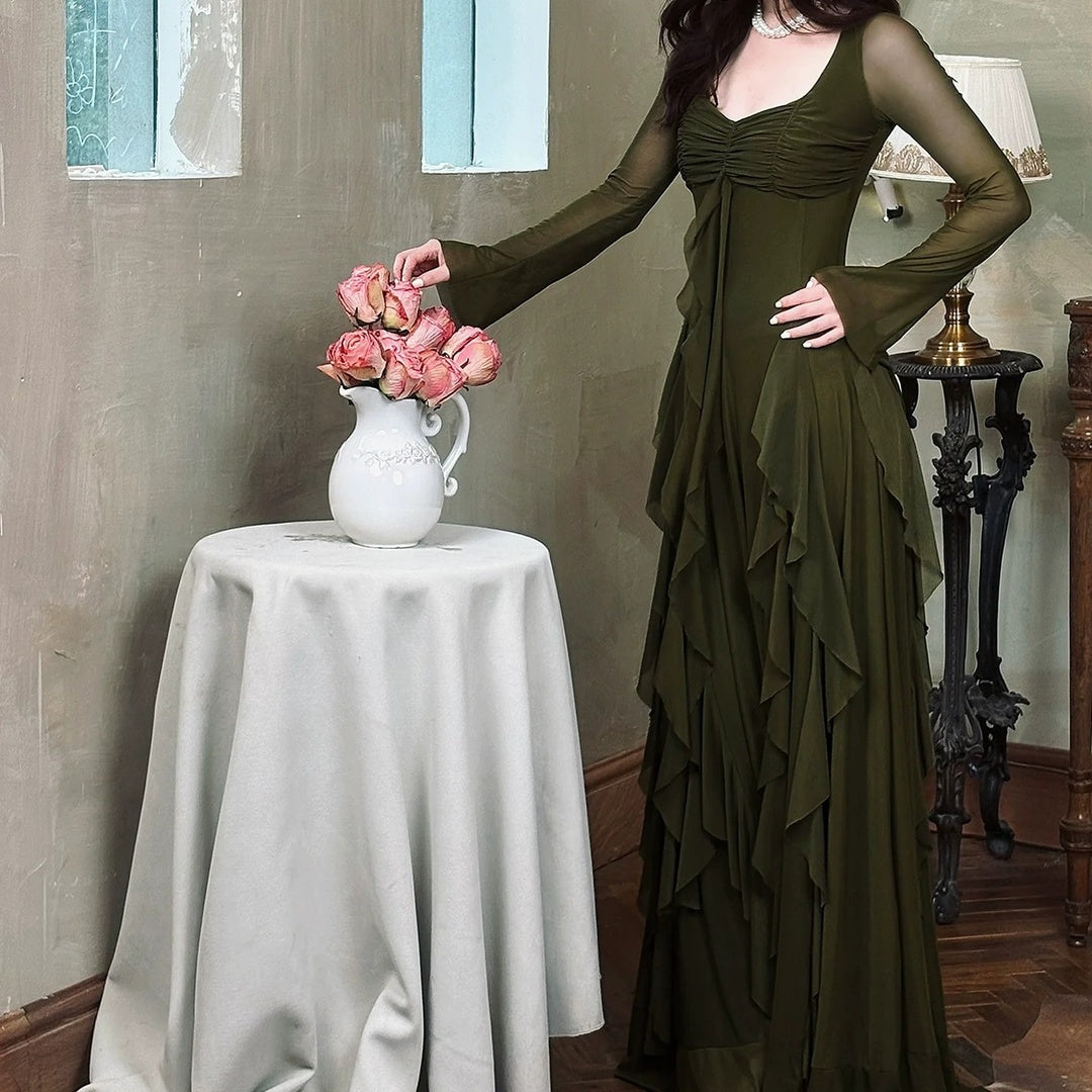 Green Long Sleeve Square Neck Gown Prom Dress