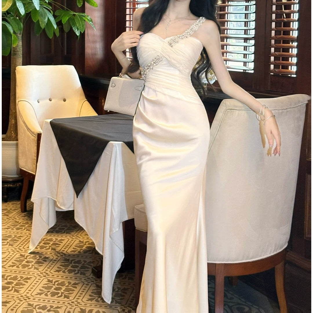 French Small Luxury Satin Asymmetrical Gown Dress – Mermaid Party Dress
