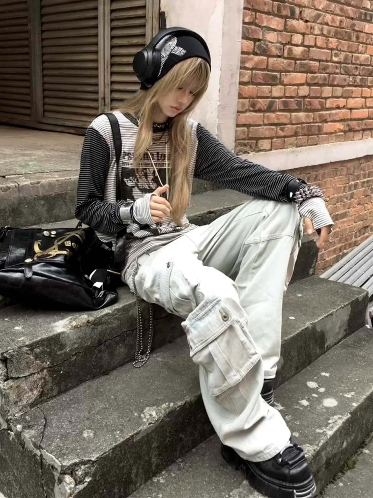 Y2K Subculture Striped Long Sleeve Tee Character Print Visual Kei Top