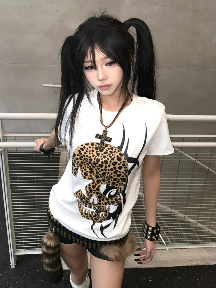 Y2K Skull Leopard Print Short Sleeve Top for Summer