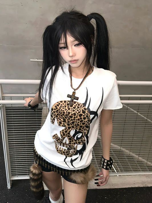 Y2K Skull Leopard Print Short Sleeve Top for Summer