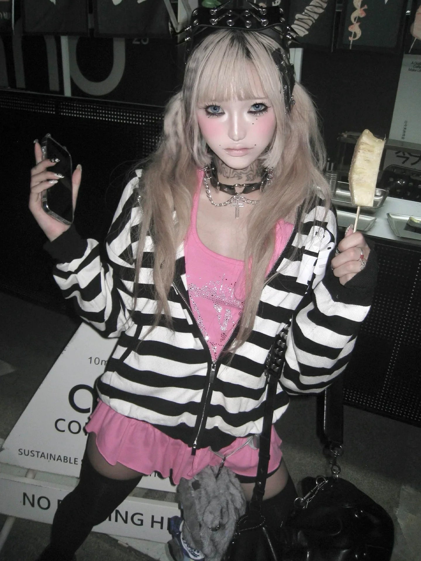 Y2K Black and White Stripe Skull Print Zip Up Hoodie