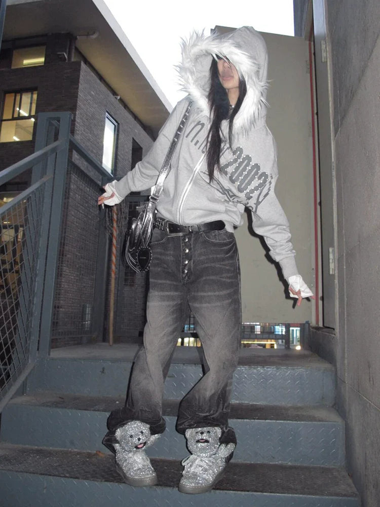 Y2K Visual Kei Fur-Lined Hoodie Autumn-Winter Heavyweight Short Zip-Up Pullover