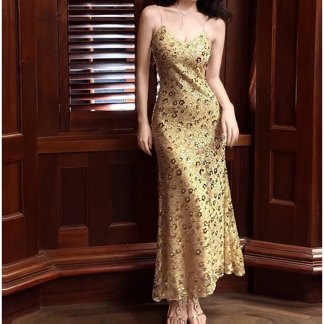 French Luxury Sequin Spaghetti Strap Fishtail Gown Dress