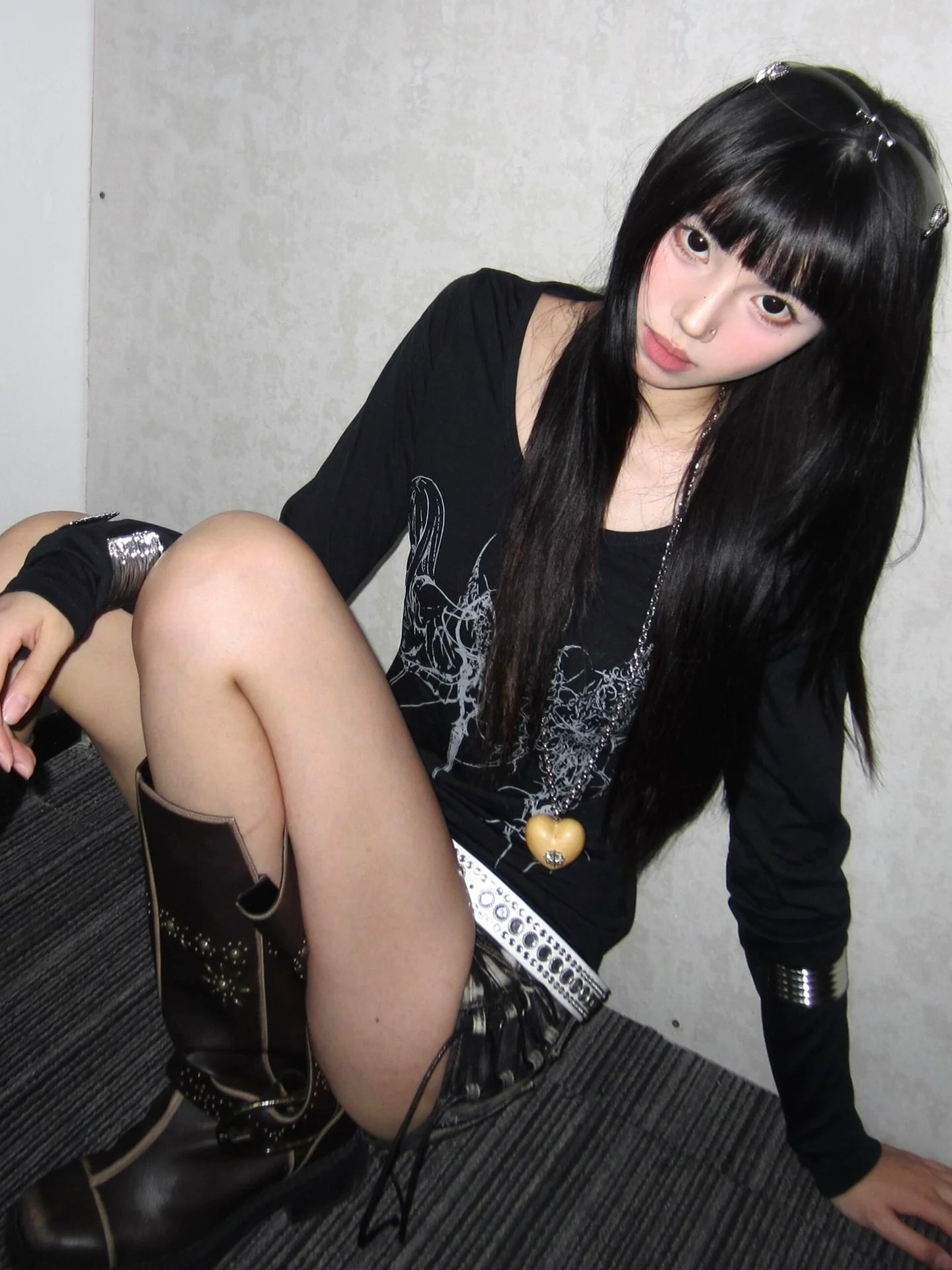 Y2K Subculture Fitted Long Sleeve Base Top Structured Shoulder Slim Tee Visual Kei Streetwear