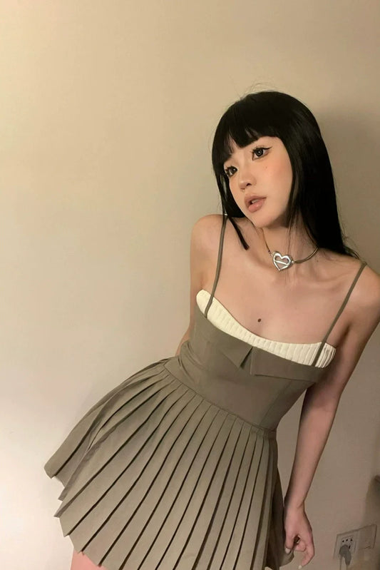 90s Retro Brown Camisole Pleated A-Line Mini Dress