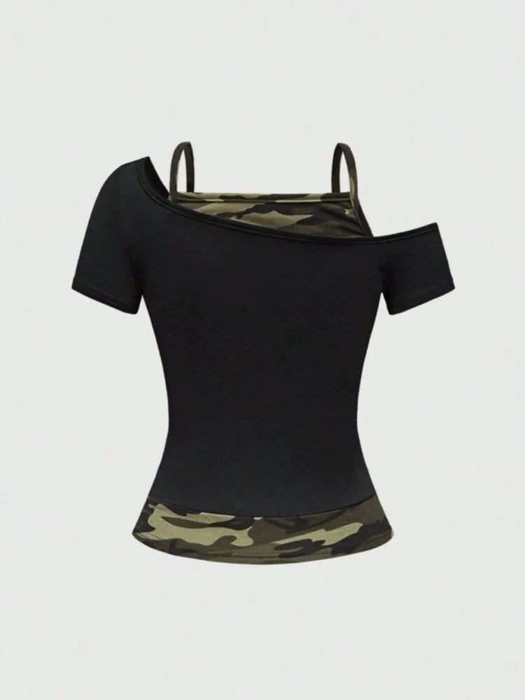 Black Camo Subculture Y2K E-girl American Retro Fake Two-Piece Short Sleeve Top