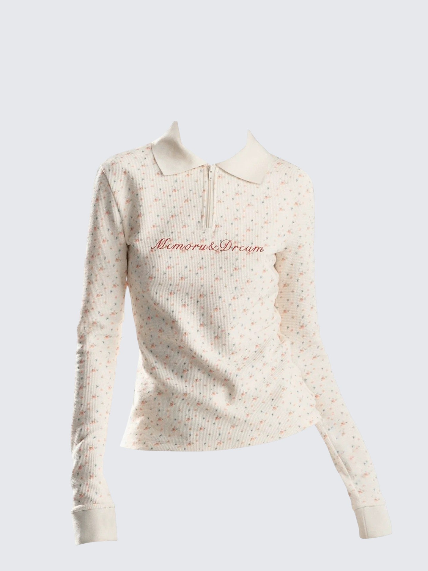 Korean Floral Half Zip Long Sleeve Tee