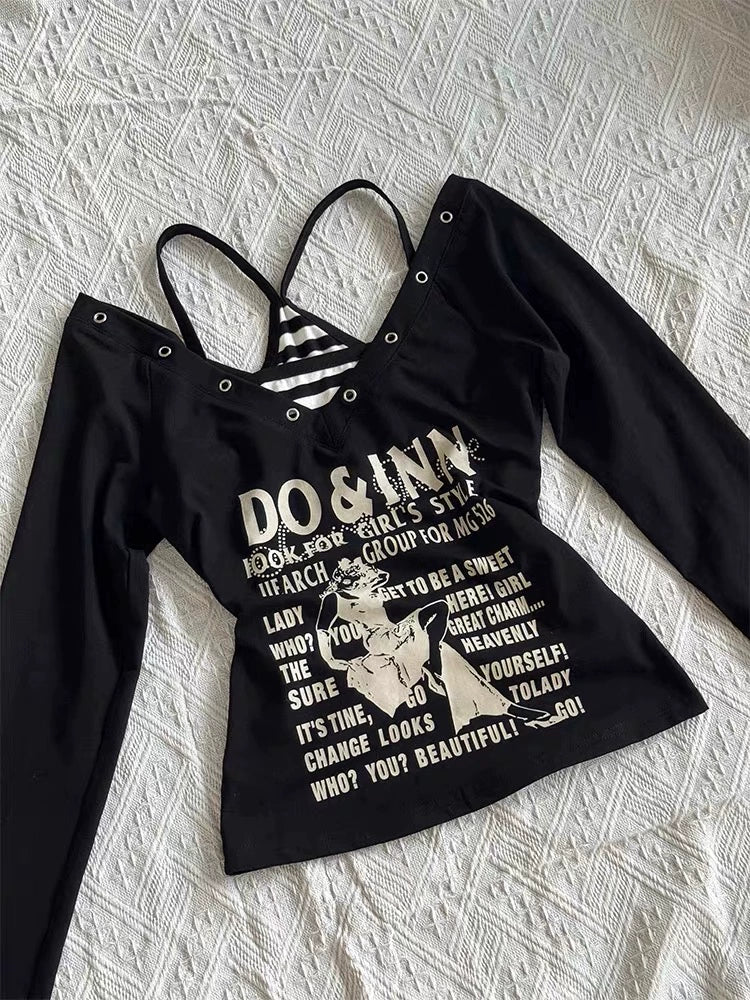 Black Long-Sleeve and Stripe Camisole Y2K Two Pieces Sets