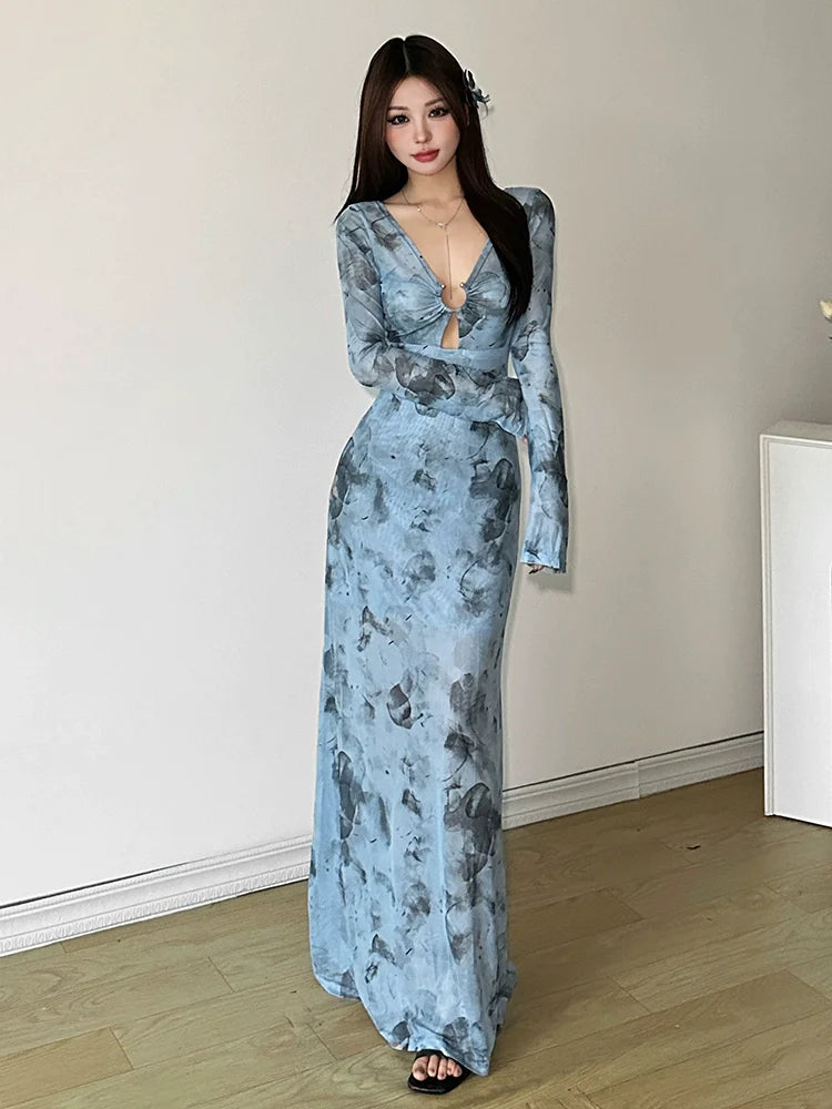 South French Vacation Style Cutout V-Neck Tie-Dye Fitted Slimming Hot Girl Maxi Dress