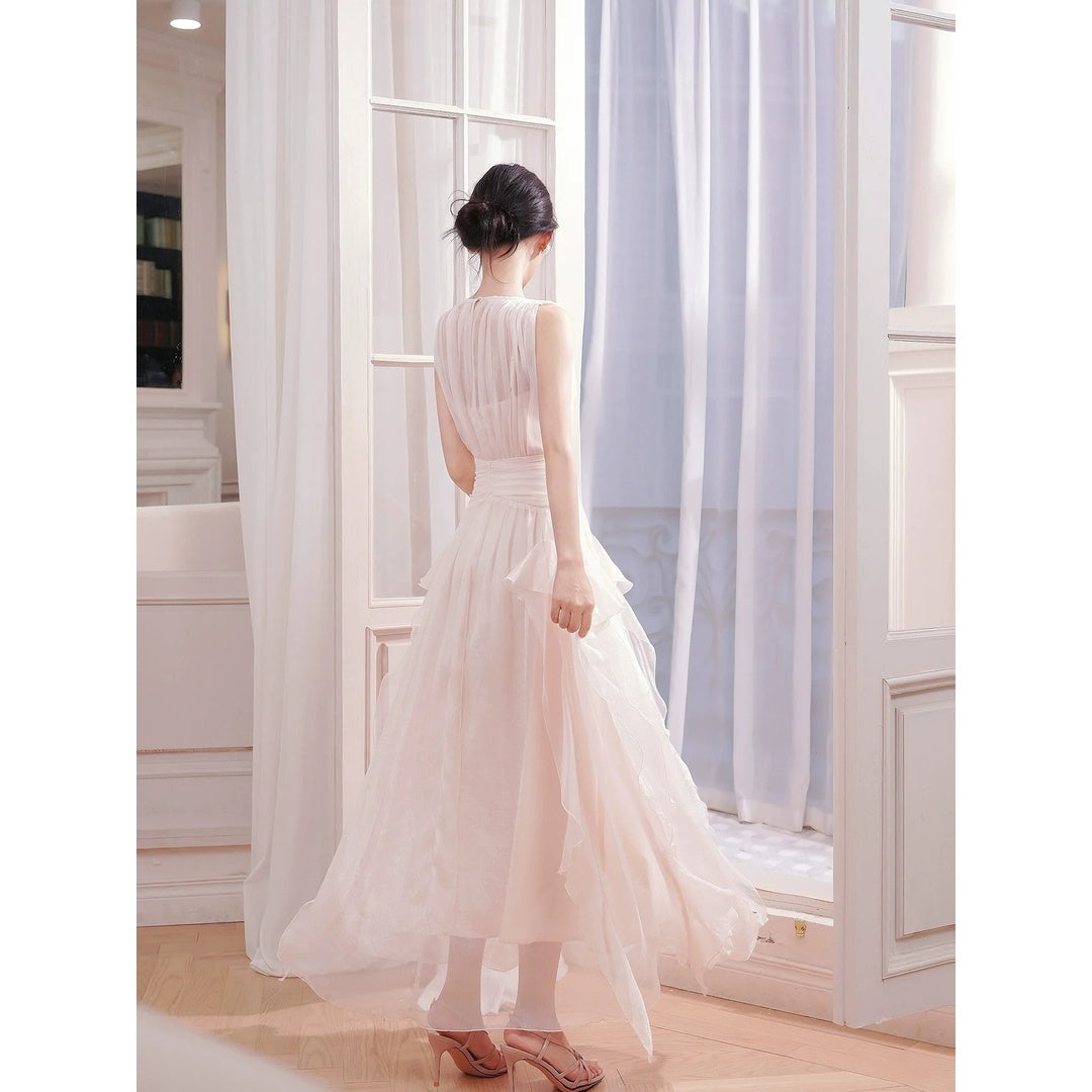 French Pink Sleeveless Faux Two-Piece Gown Dress – Luxury Party Dress