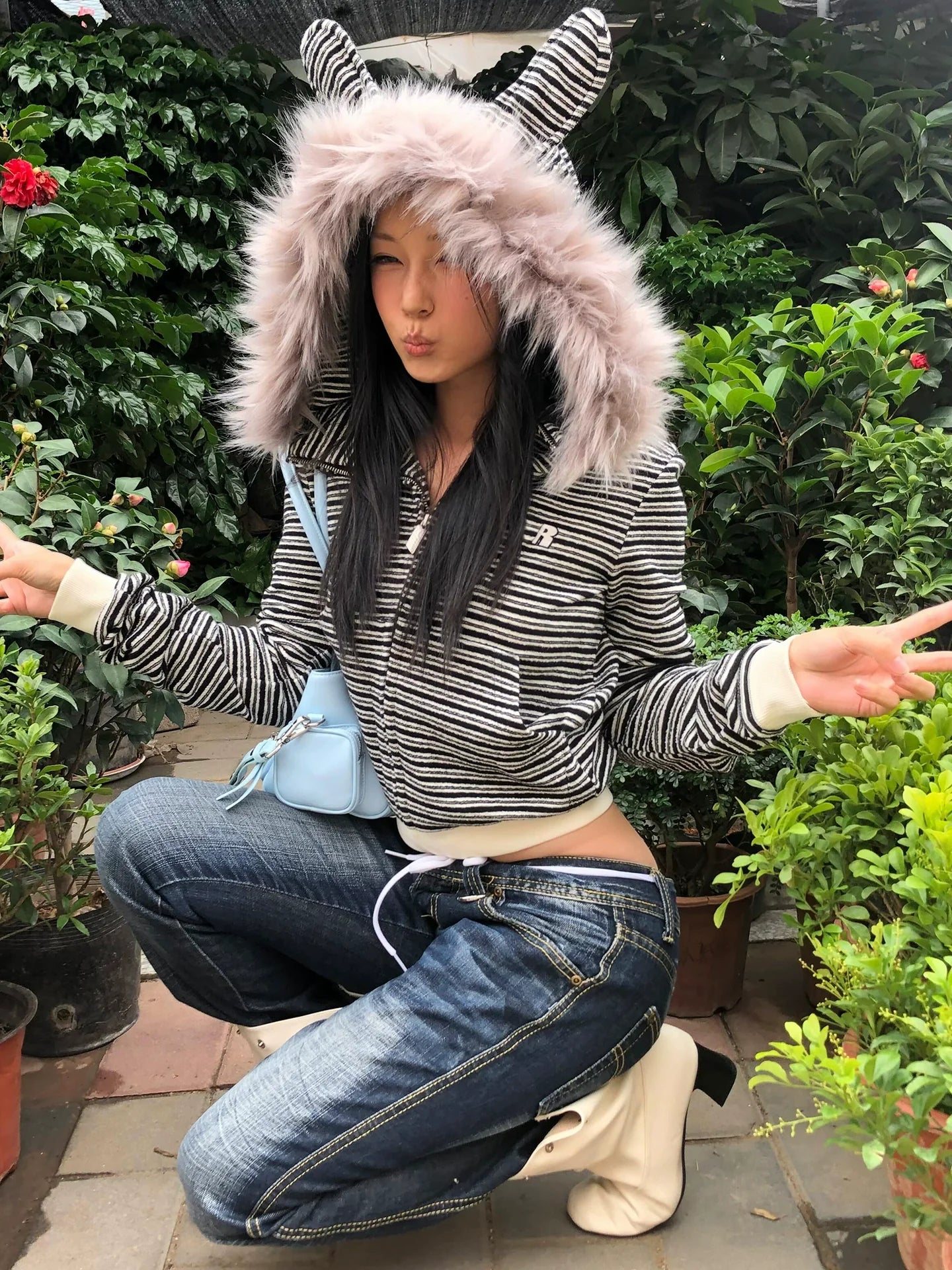 Y2K Rabbit Ear Stripe Hoodie for Autumn Winter