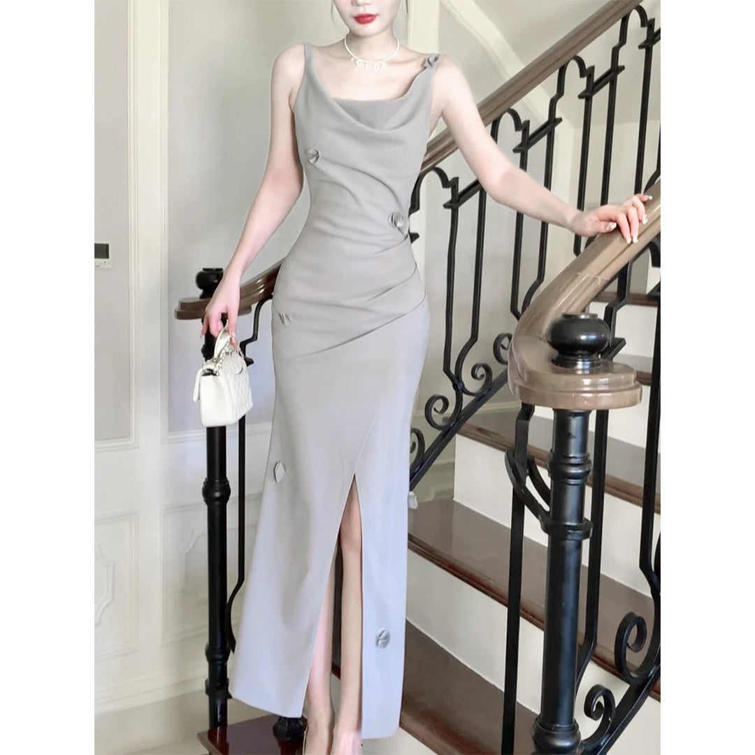French Sleeveless Waist-Fit Beach Gown Dress – Chic Resort Dress