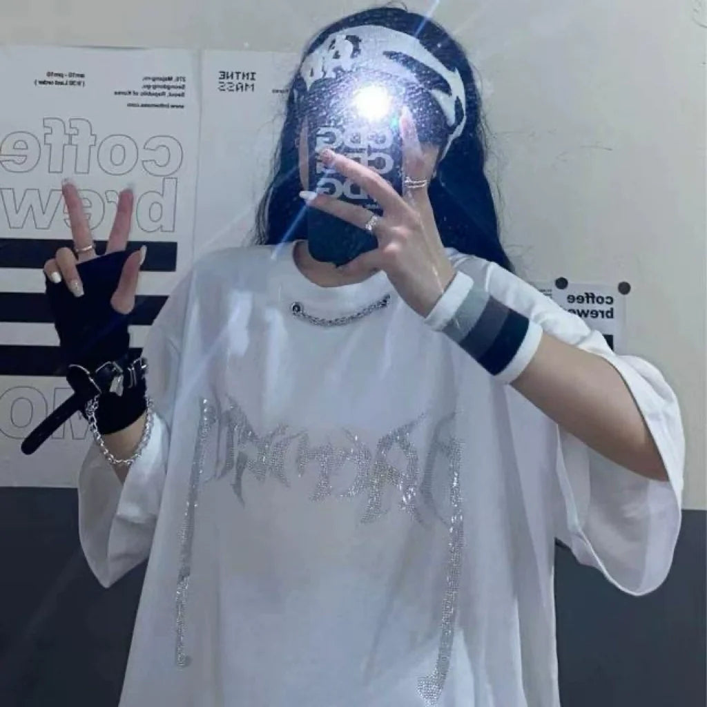 Black Subculture Punk Hip-Hop Y2K E-girl Rhinestone Chain Oversized Short Sleeve Top