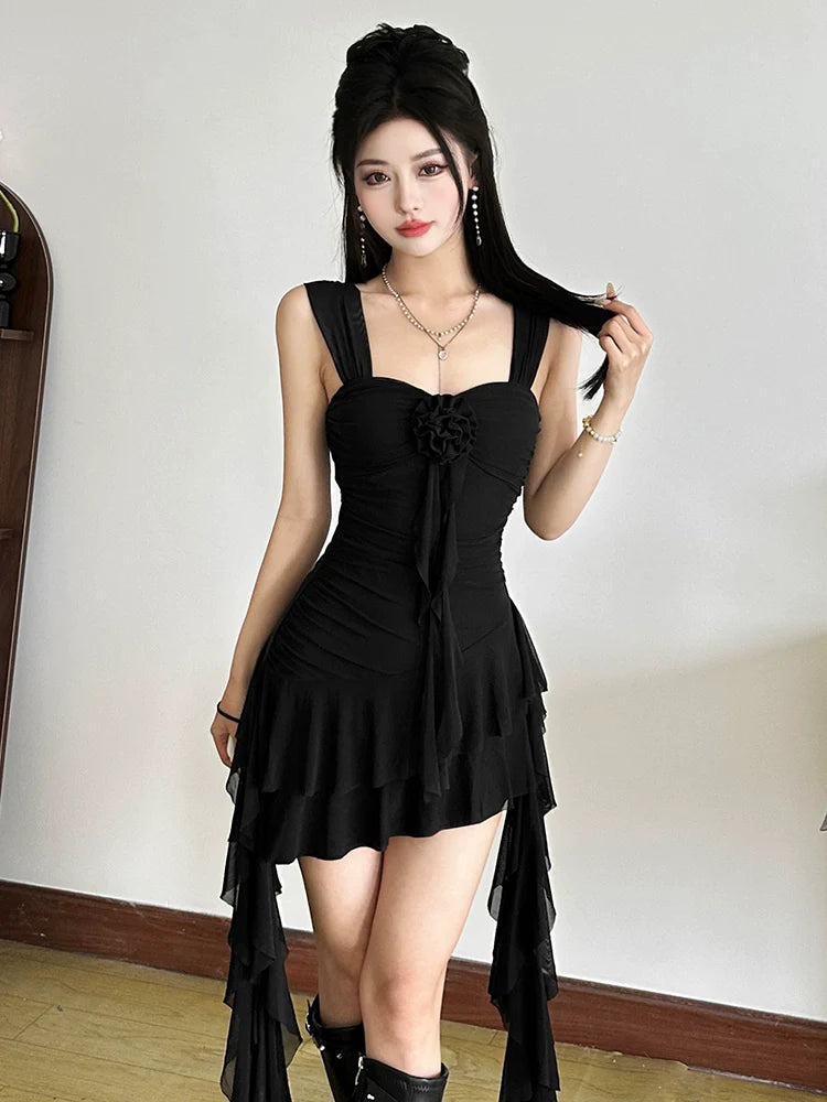 Versatile Ruched Flower Detail Ribbon Asymmetrical Mini Dress