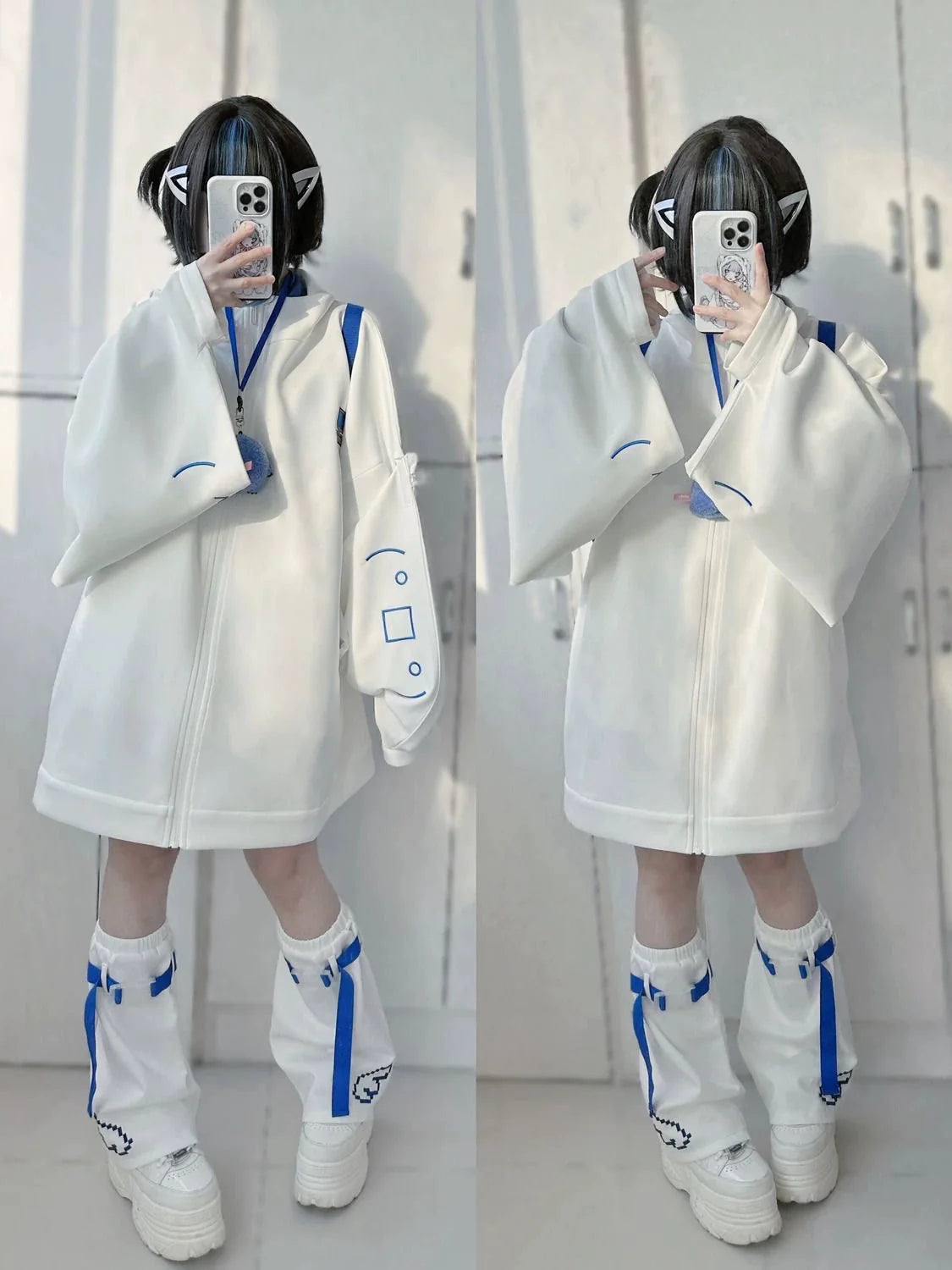 White Y2K Japanese Anime Stand-Collar Hoodie