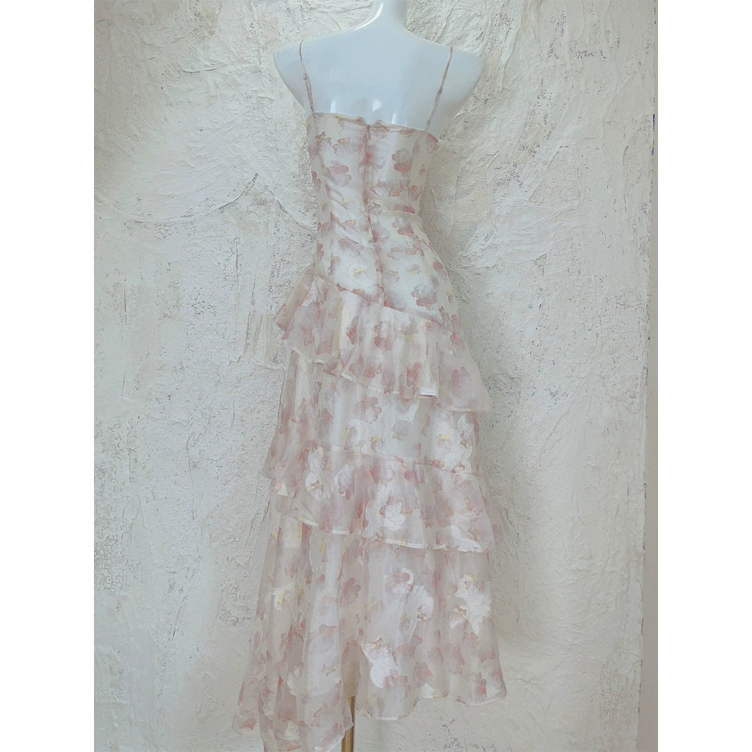 Pink Chiffon Floral Fitted Halter Gown Dress