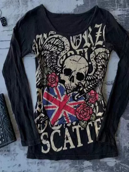 Black Gothic Rock Punk Shibuya Girl Love Skull Y2K T-Shirt