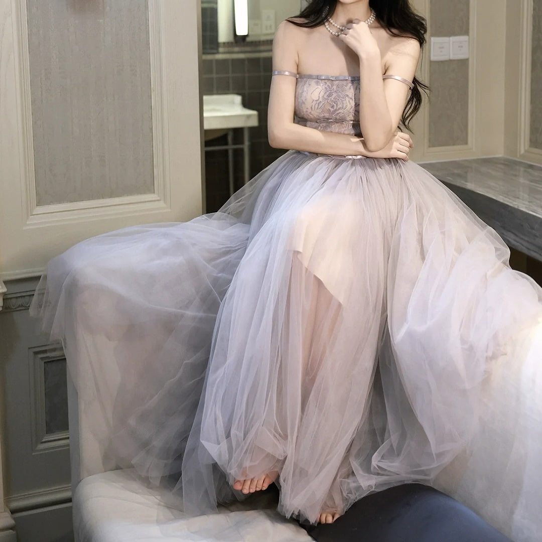 French Purple One-Shoulder Tulle Gown Dress