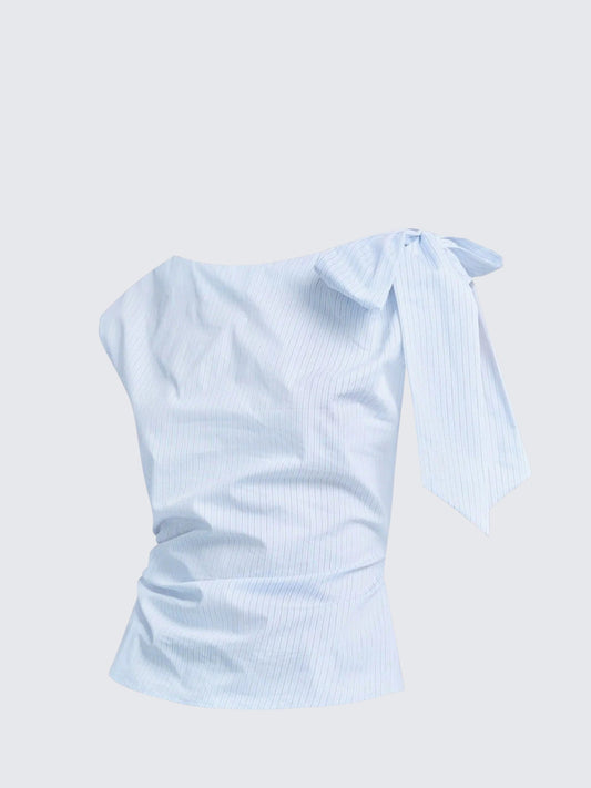 Korean Asymmetrical Bow Stripe Shirt