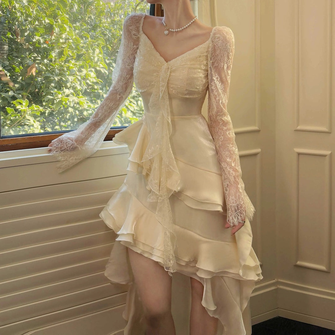French Lace Long Sleeve Ruffle Waist Gown Dress