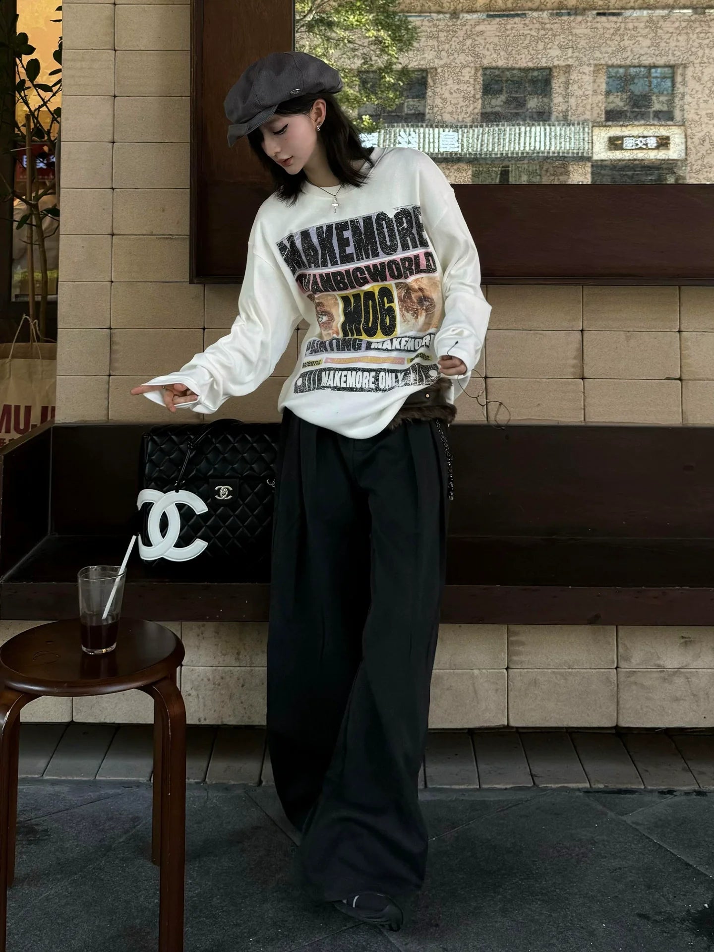 American Street Letter Print Long Sleeve Tee Autumn Round Neck Loose Fit Unisex Top