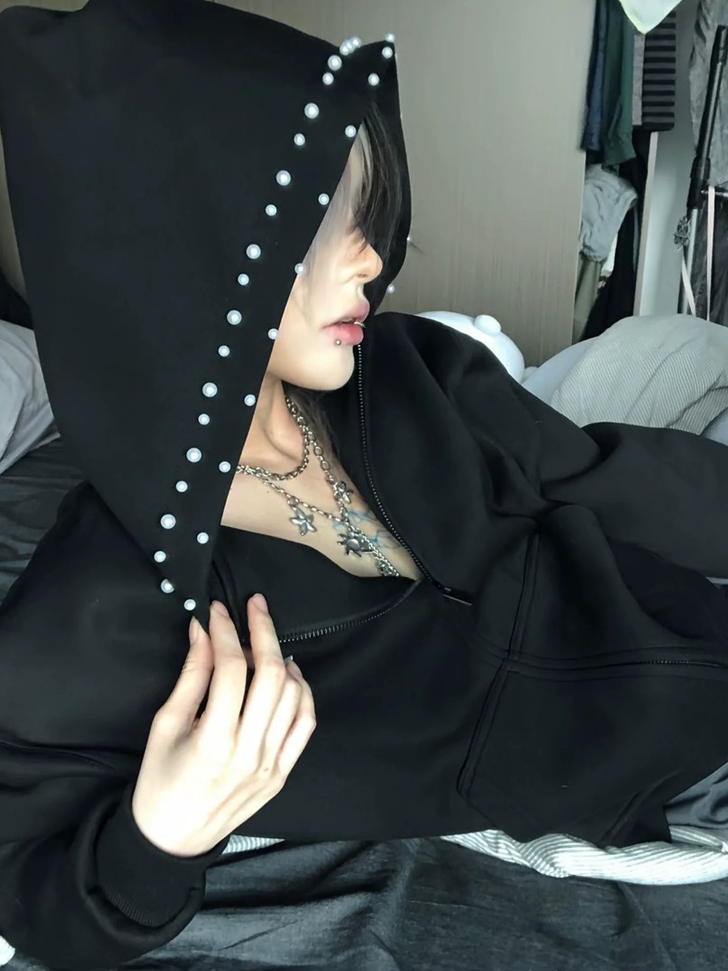 American High Street Black Studded Hoodie Jacket Autumn-Winter Heavy Zip-Up Design Top