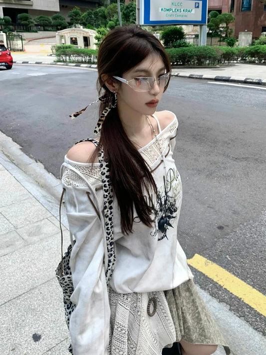 Y2K Asymmetric Mesh Hoodie for Spring Autumn