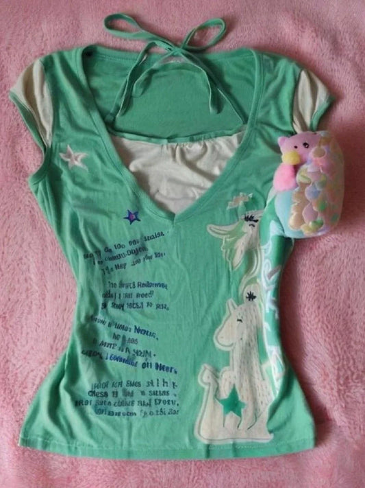 Old-School Green Fake Two-Piece Light Subculture Y2K T-Shirt