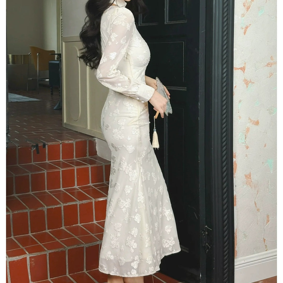 French V-Neck Long Sleeve Mermaid Gown Dress