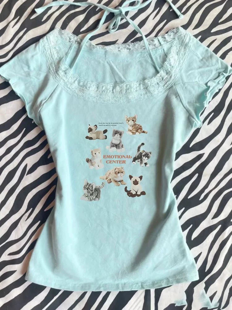 Light Blue Lace Square Neck Y2K T-Shirt