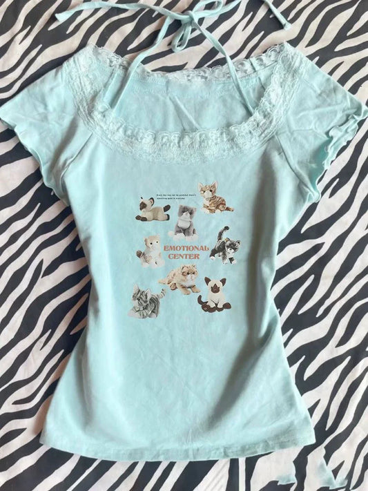 Light Blue Lace Square Neck Y2K T-Shirt