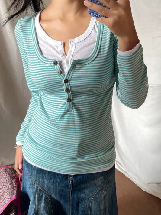 Green Striped Fake Two-Piece Subculture Y2K E-girl Vintage Japanese Retro Long Sleeve Top