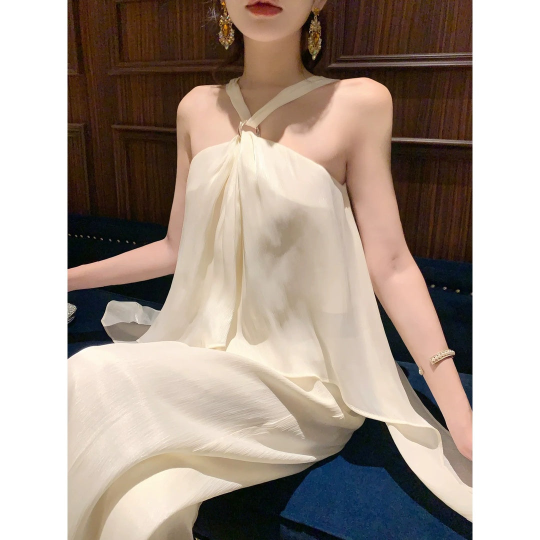 Old Money Shimmer Asymmetrical Spaghetti Strap Pants Set