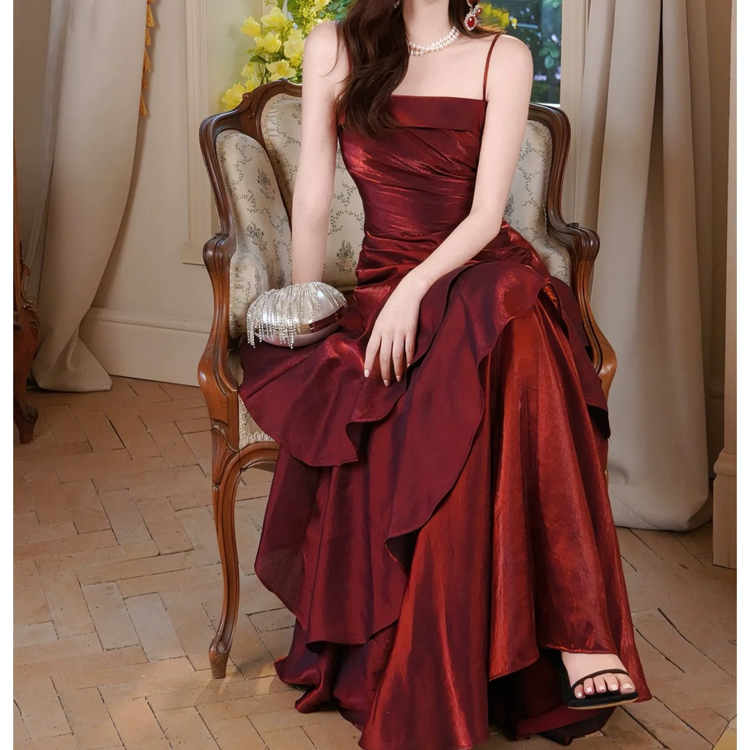 French Red Spaghetti Strap Adult Gown Dress