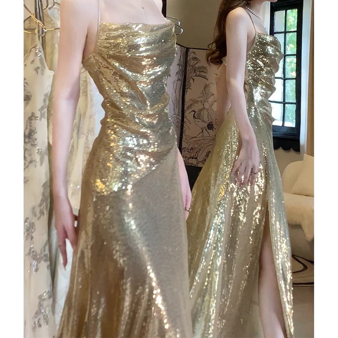 Gold Spaghetti Strap Sequin Mermaid Gown Dress