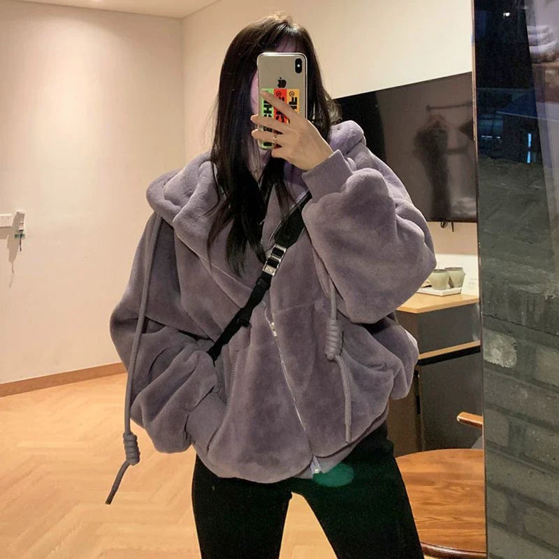 Purple Y2K Hooded Cropped Fuzzy Puffer Jacket