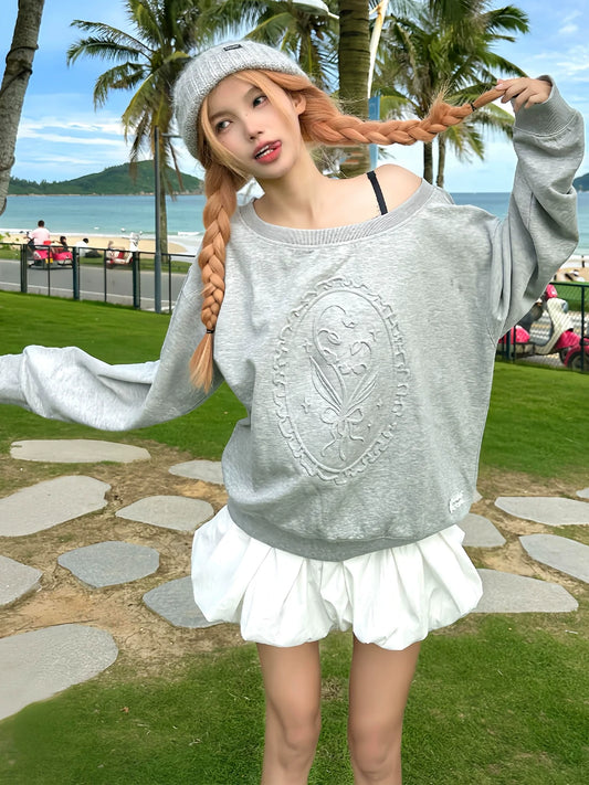 Retro Gray One Shoulder Embossed Bouquet Sweatshirt