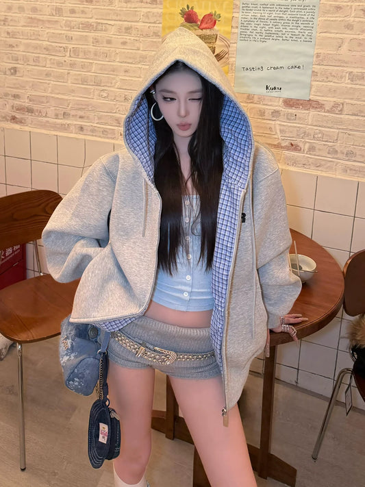 American Vintage Plaid Patchwork Hoodie Jacket 2025 Autumn-Winter Zip-Up Outerwear