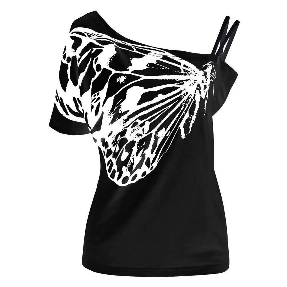 White Subculture Punk Y2K E-girl Butterfly Print Off-Shoulder Niche Slim Top