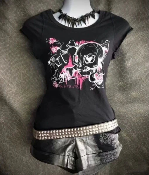 Black Subculture Punk Y2K E-girl Abi American Retro Skull Print Short Sleeve Top (Style 2)