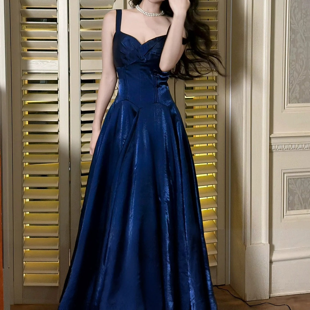 French Blue Spaghetti Strap Waist Gown Dress – Adult Party Dress