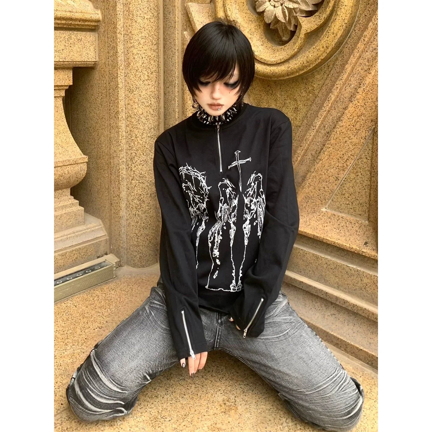 Y2K Black Henley Cross Print Tee