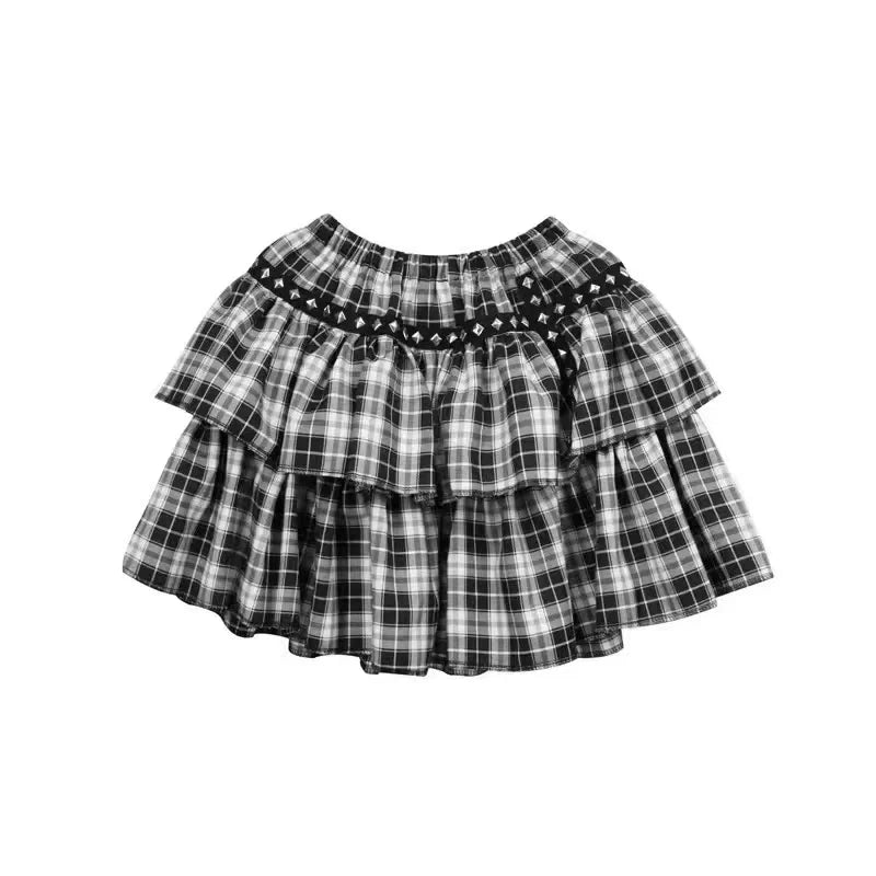 Plaid Rivet Double-Layer Cake Skirt Subculture Punk Y2K E-girl Rock Black & White High-Waisted Skirt
