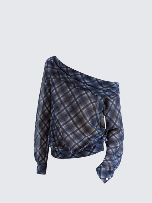 Retro Plaid Off Shoulder Shirt