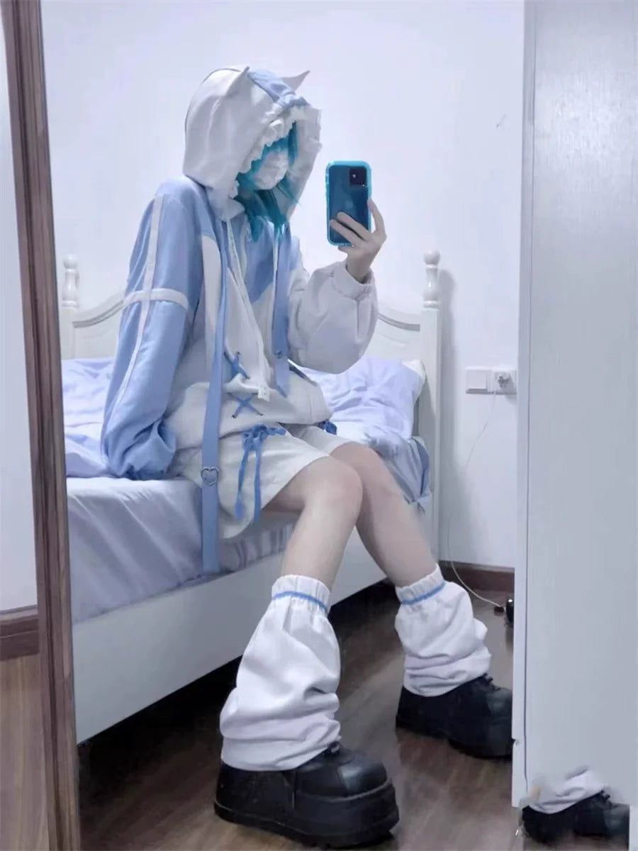 Blue White Y2K Soft Girl Zip-Up Hoodie